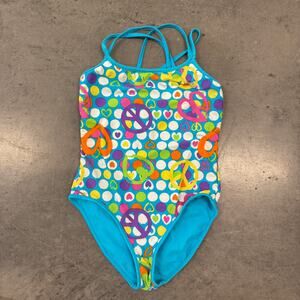 Vintage Y2K Laguna Retro Peace Sign Heart Blue One Piece Swimsuit Bikini Small